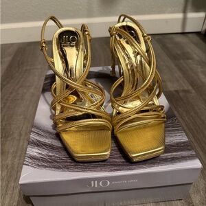 Jennifer Lopez Metallic Gold Strappy Heels